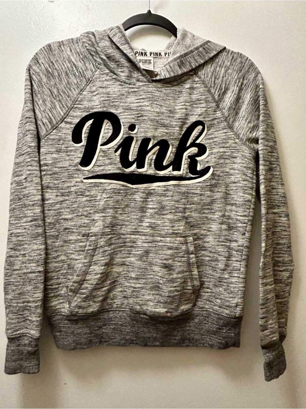 Victoria's Secret PINK Gray Marled Hooded Sweatshirt with Black Script